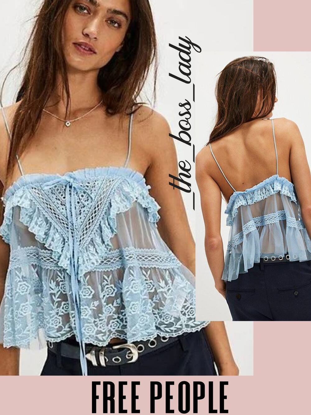 Free People top lace ruffled tank crop sheer mesh crochet boho Large summer